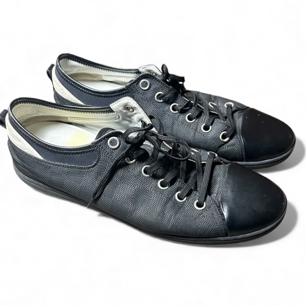 Louis Vuitton Graphite Damier Nylon|Black Leather Cap Toe Sneakers Size 7.5 Mens - Picture 4 of 12